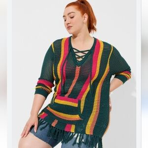 Torrid Pullover Multi-Striped V-Neck, Fringed Sweater Sz.2=18/20
